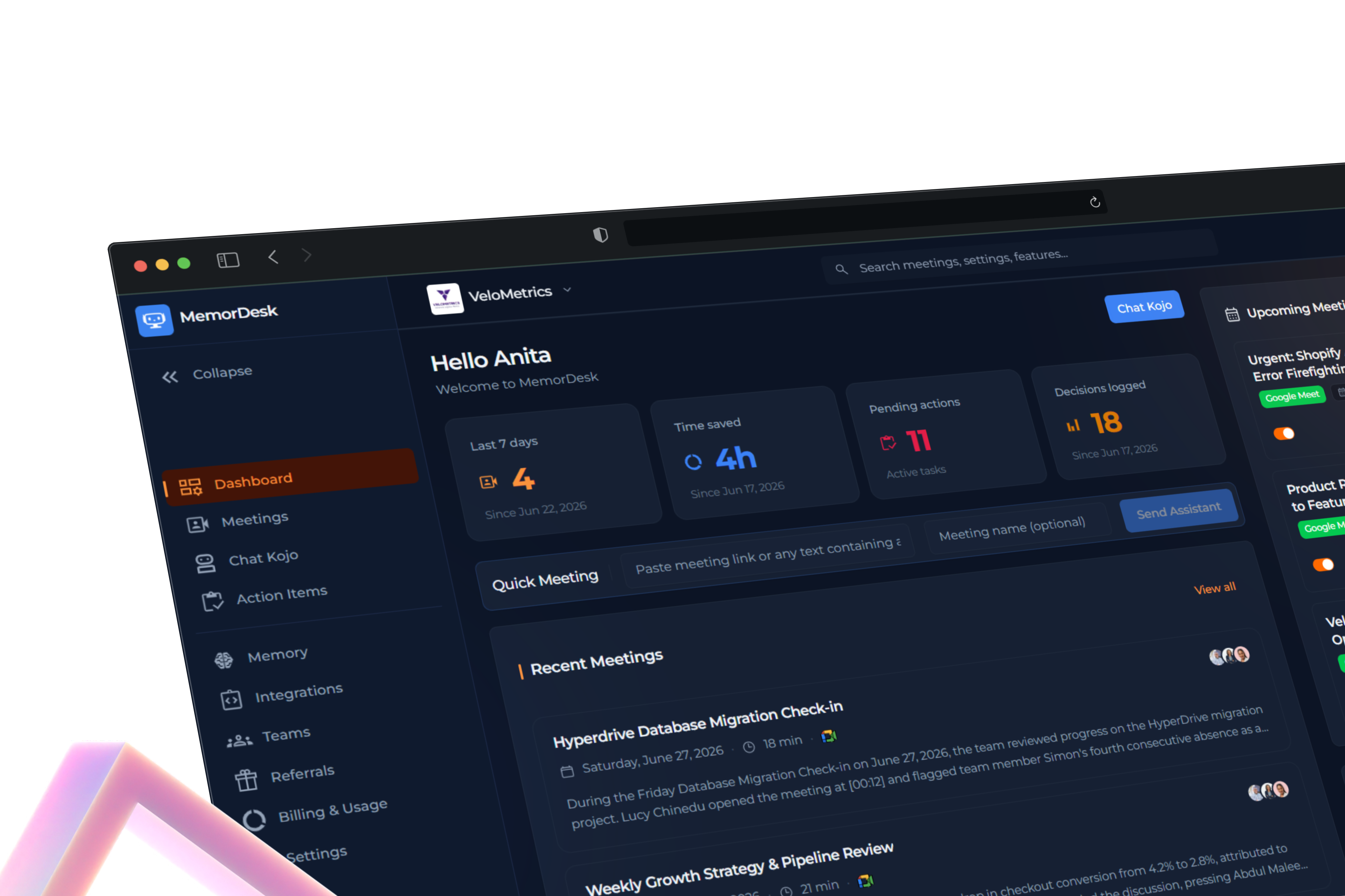 MemorDesk dashboard